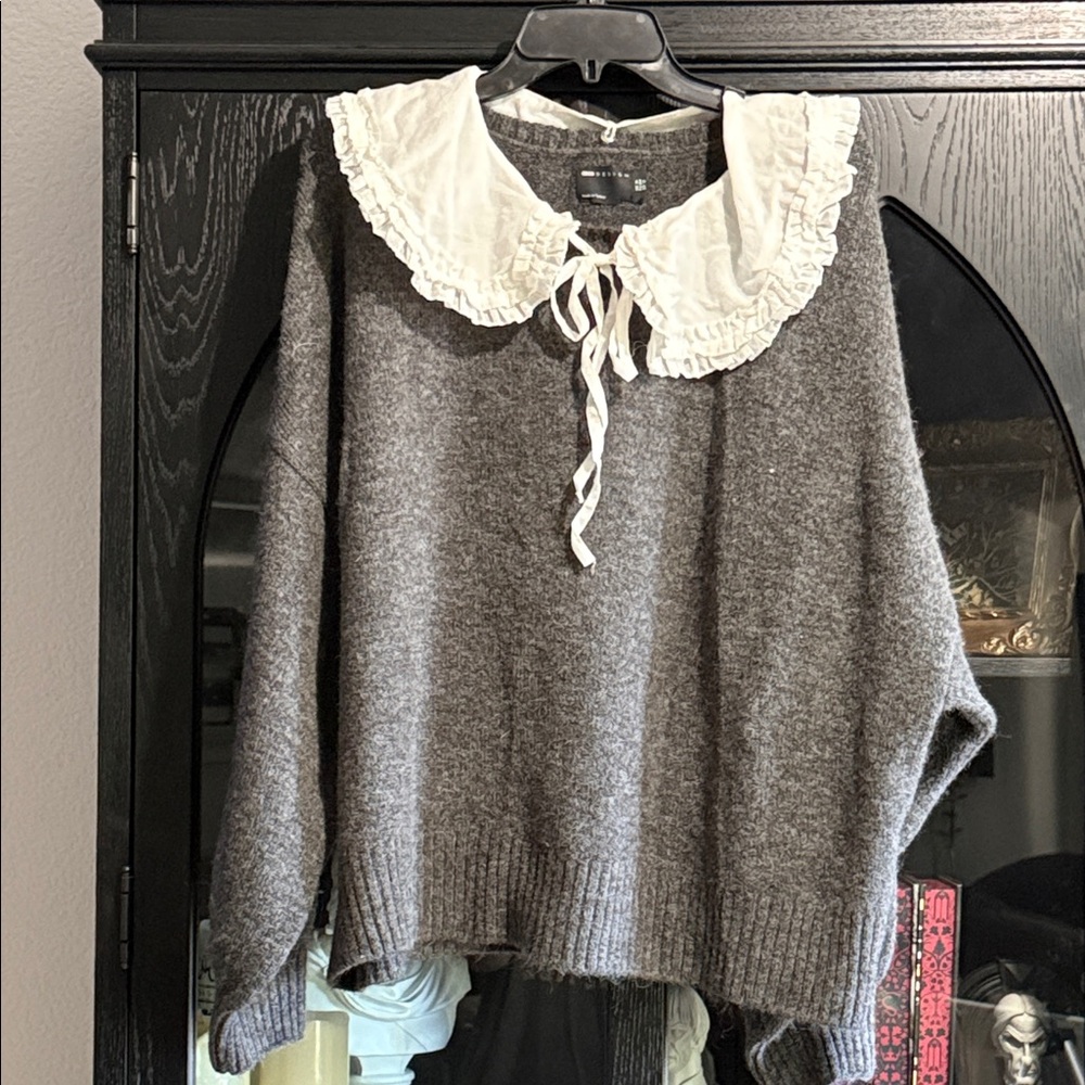 ASOS Charcoal Sweater with Ivory Ruffled Collar